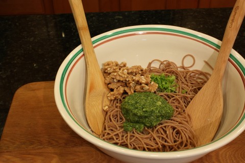 mix in the pesto, parsley and walnuts