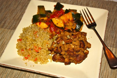 Pom Pom faux crab cakes with quinoa and veggies