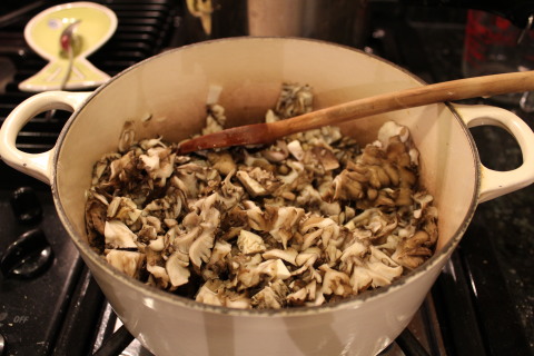 cooking mushrooms in a LeCruset pot