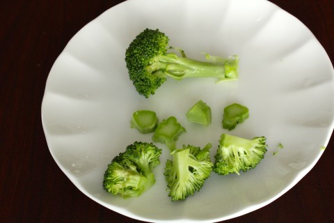 Cut broccoli into florets then small like these.